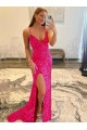 Affordable Velvet Sequin Long V-Neck Sleeveless Sweep Train Prom Dress with Slit