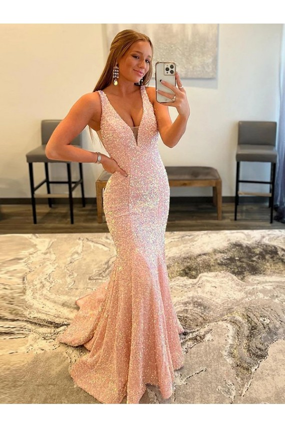 Affordable Deep V-Neck Sleeveless Long Low Back Velvet Sequin Prom Dress