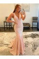Affordable Deep V-Neck Sleeveless Long Low Back Velvet Sequin Prom Dress