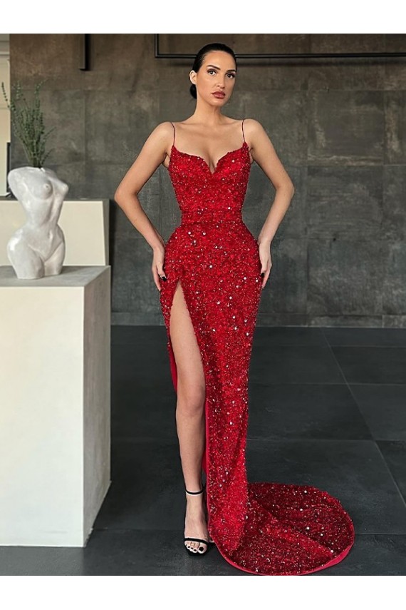 Affordable V-Neck Sleeveless Long Sweep Train Velvet Sequin Prom Dress with High Side Slit