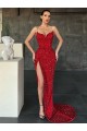 Affordable V-Neck Sleeveless Long Sweep Train Velvet Sequin Prom Dress with High Side Slit