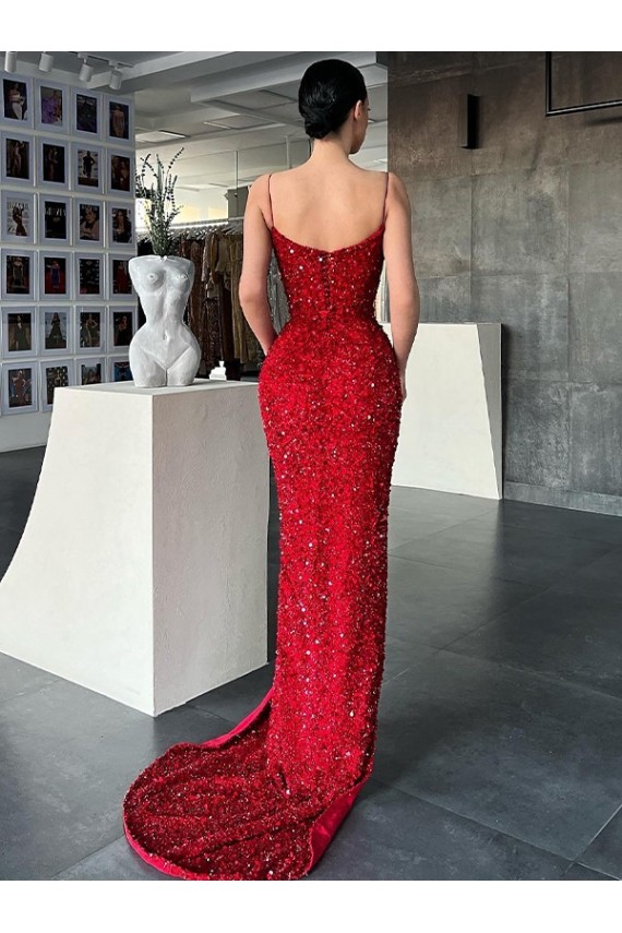 Affordable V-Neck Sleeveless Long Sweep Train Velvet Sequin Prom Dress with High Side Slit