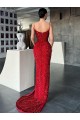 Affordable V-Neck Sleeveless Long Sweep Train Velvet Sequin Prom Dress with High Side Slit