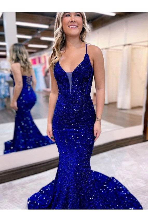 Affordable Mermaid V-Neck Sleeveless Long Court Train Velvet Sequin Prom Dress