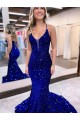 Affordable Mermaid V-Neck Sleeveless Long Court Train Velvet Sequin Prom Dress