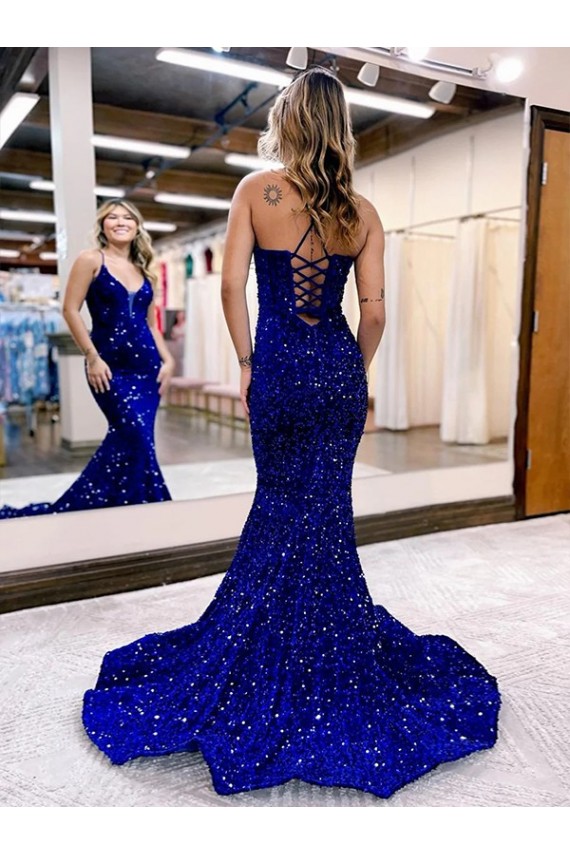 Affordable Mermaid V-Neck Sleeveless Long Court Train Velvet Sequin Prom Dress