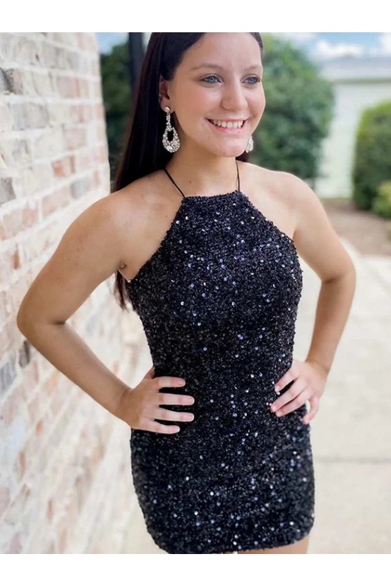 Affordable Halter Sleeveless Short Velvet Sequin Prom Dress