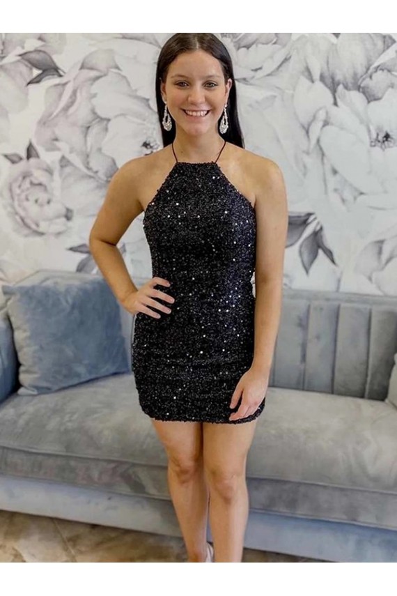 Affordable Halter Sleeveless Short Velvet Sequin Prom Dress