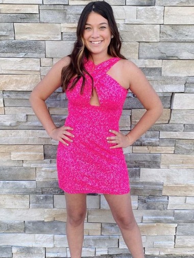 Affordable Halter Sleeveless Short Velvet Sequin Cocktail Prom Dress