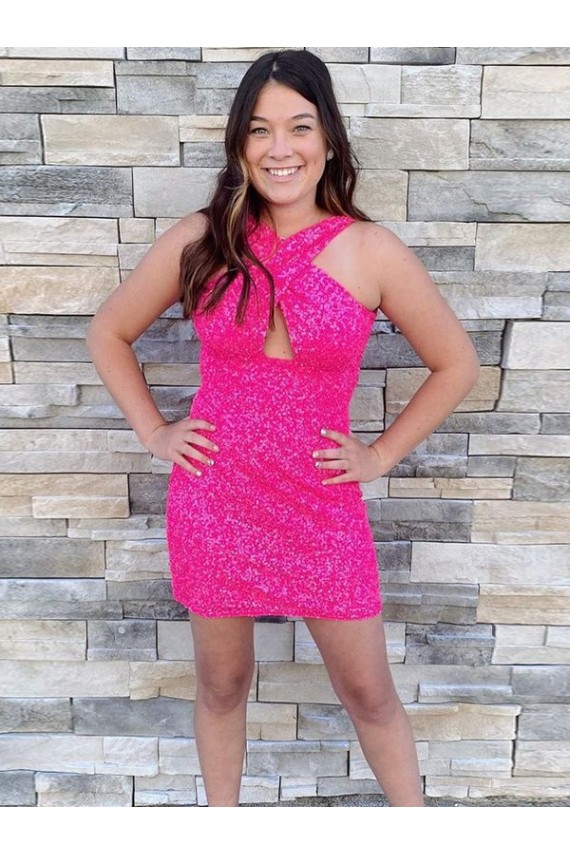 Affordable Halter Sleeveless Short Velvet Sequin Cocktail Prom Dress