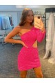 Affordable One Shoulder Long Sleeves Short Velvet Sequin Prom Dress