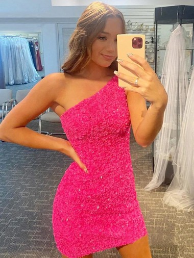 Affordable Short One Shoulder Sleeveless Velvet Sequin Prom Dress