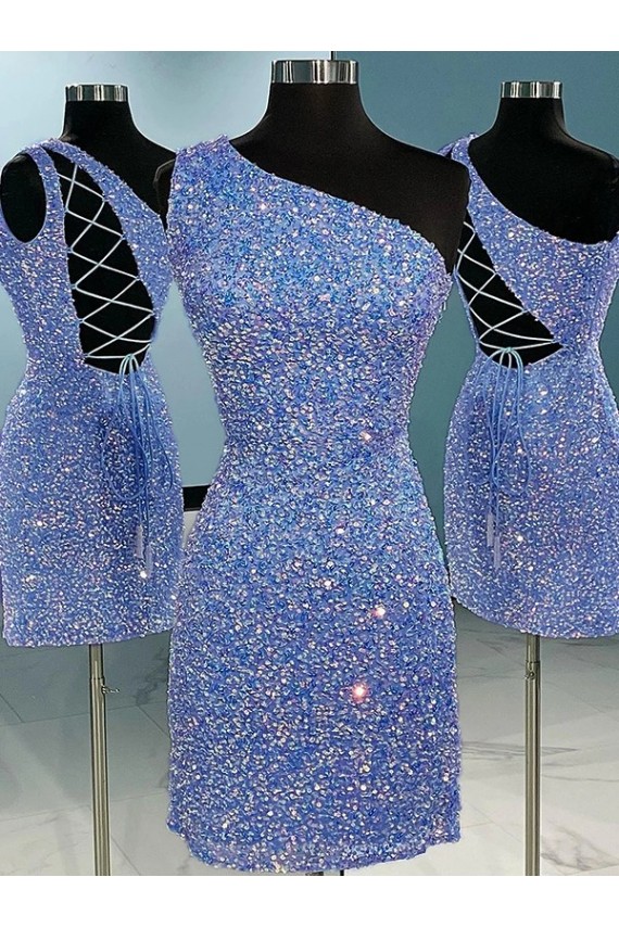 Affordable Short Velvet Sequin One Shoulder Sleeveless Prom Dress