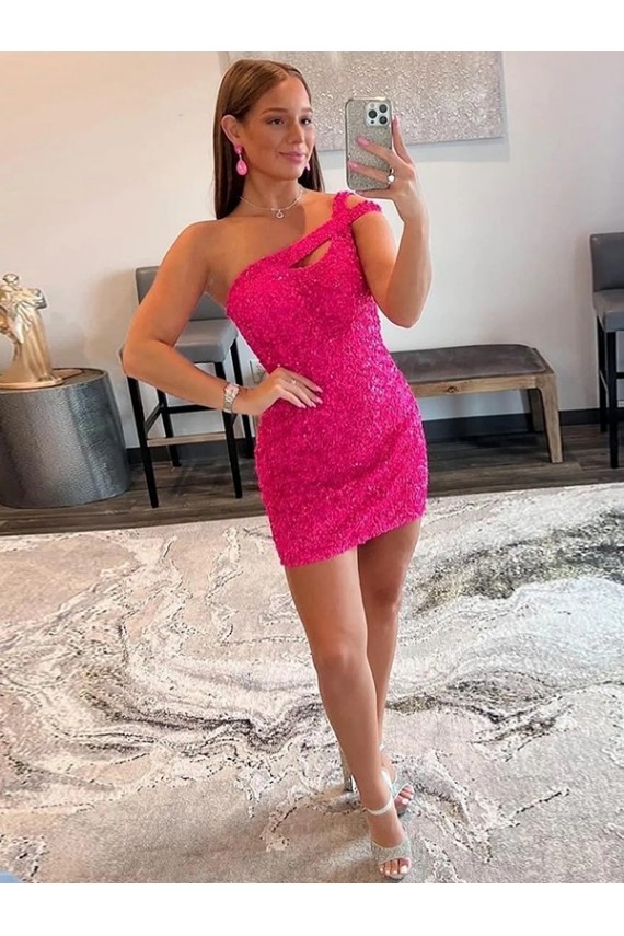 Affordable Velvet Sequin One Shoulder Sleeveless Short Prom Dress