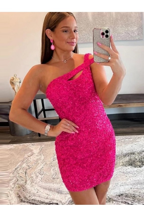 Affordable Velvet Sequin One Shoulder Sleeveless Short Prom Dress