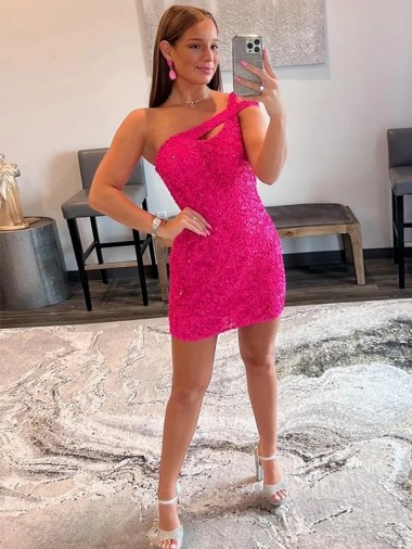 Affordable Velvet Sequin One Shoulder Sleeveless Short Prom Dress