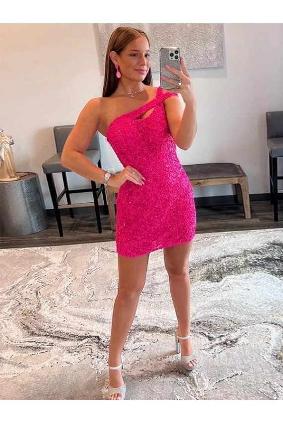 Affordable Velvet Sequin One Shoulder Sleeveless Short Prom Dress