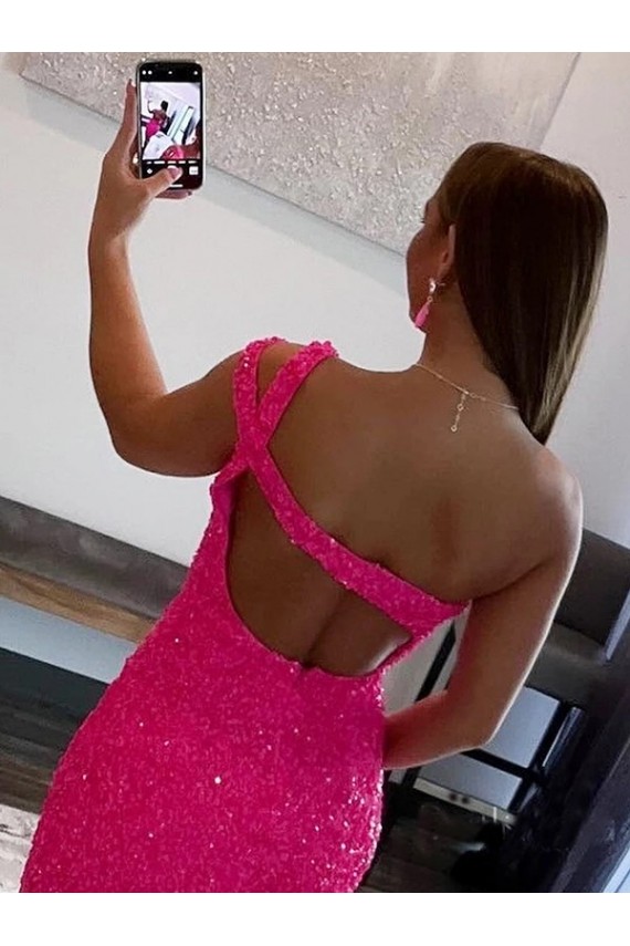 Affordable Velvet Sequin One Shoulder Sleeveless Short Prom Dress