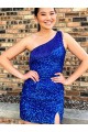 Affordable One Shoulder Sleeveless Short Velvet Sequin Royal Blue Prom Dress