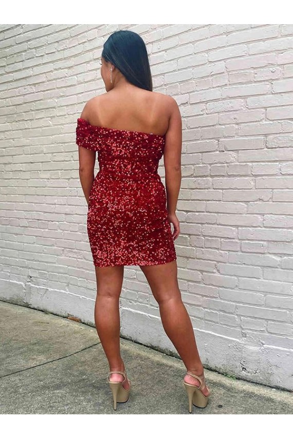 Affordable Short One Shoulder Sleeveless Velvet Sequin Cocktail Prom Dress
