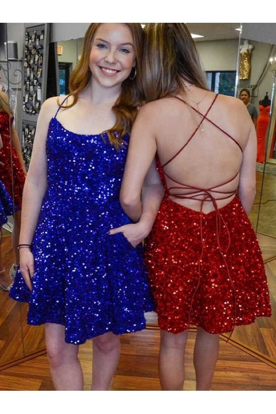 Affordable A-Line Spaghetti Straps Sleeveless Short Velvet Sequin Prom Dress