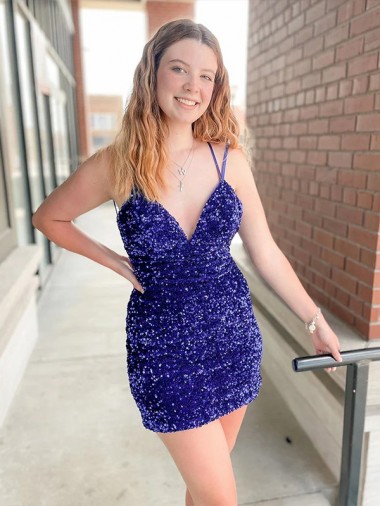 Affordable Sleeveless Short Velvet Sequin V-Neck Prom Dress
