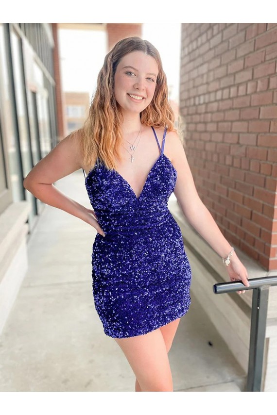 Affordable Sleeveless Short Velvet Sequin V-Neck Prom Dress