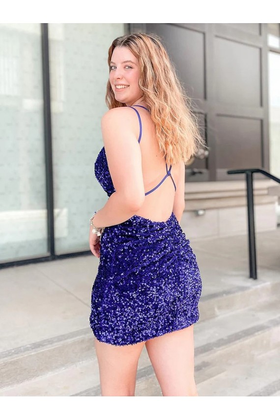 Affordable Sleeveless Short Velvet Sequin V-Neck Prom Dress