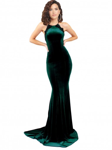 Affordable High Neck Stretch Velvet Prom Dress with Black Lace Embroidery