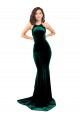 Affordable High Neck Stretch Velvet Prom Dress with Black Lace Embroidery