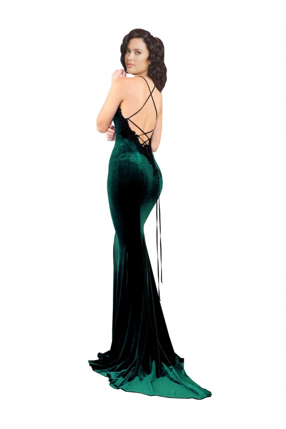 Affordable High Neck Stretch Velvet Prom Dress with Black Lace Embroidery