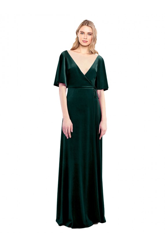 Affordable Deep V-Neck Flutter Sleeves Long Velvet Wrap Prom Dress