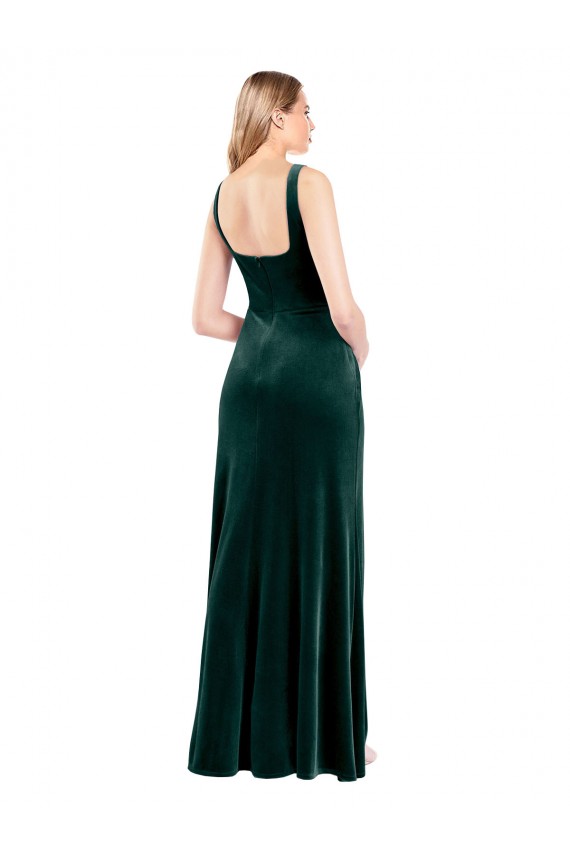 Affordable Square Neck Full Length Velvet Prom Dress with Side Slit