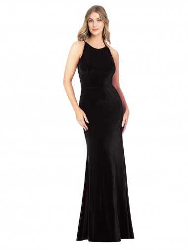 Affordable Vintage Velvet High Neck Prom Dress with Strappy Back