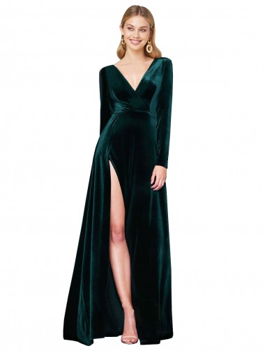 Affordable Deep V-Neck Long Sleeves Velvet Prom Dress with High Side Split