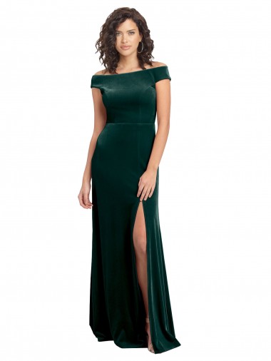 Affordable Floor Length Cap Sleeves Long Velvet Prom Dress with High Side Slit