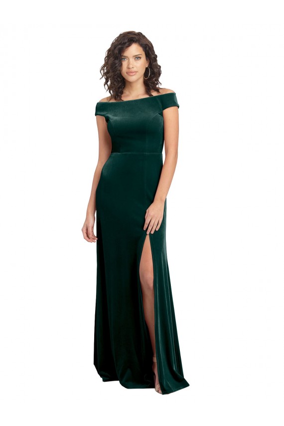 Affordable Floor Length Cap Sleeves Long Velvet Prom Dress with High Side Slit