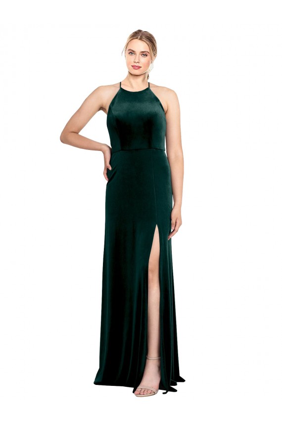Affordable Long Jewel Neck Full Length Velvet Prom Dress with Side Slit