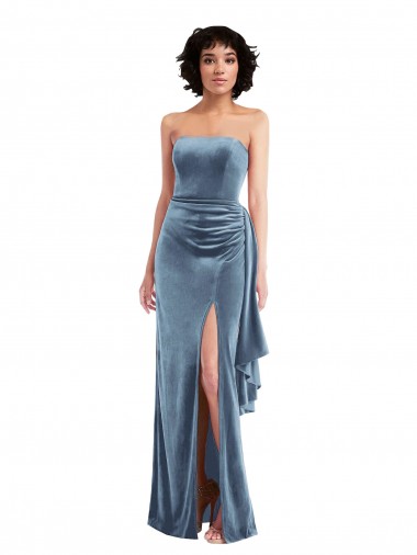 Affordable Strapless Velvet Maxi Prom Dress with Draped Skirt