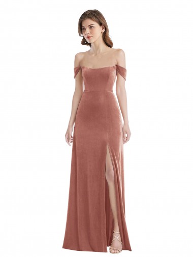 Affordable Off the Shoulder Flounce Sleeve Velvet Maxi Prom Dress & Pockets