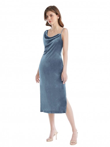 Affordable Midi Length Asymmetrical One Shoulder Velvet Slip Prom Dress