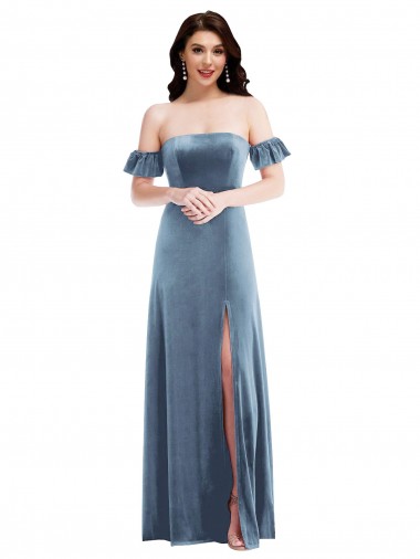 Affordable Ruffle Sleeve Off the Shoulder Velvet Maxi Prom Dress