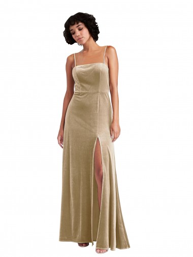 Affordable Square Neck Velvet Maxi Prom Dress with Front Slit & Pockets