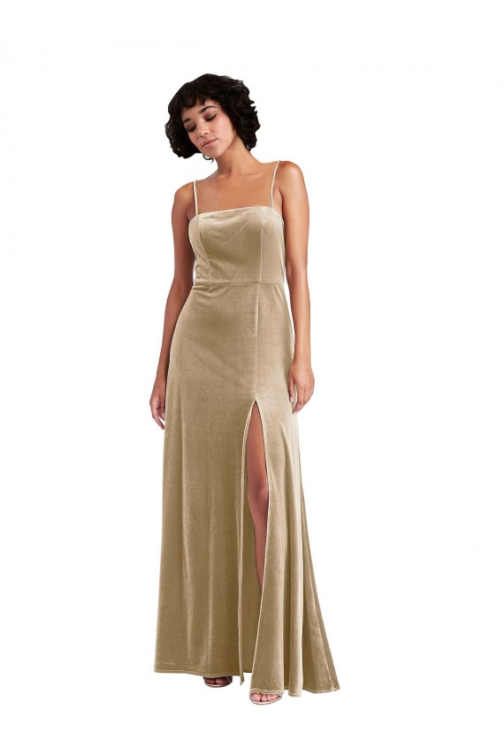 Affordable Square Neck Velvet Maxi Prom Dress with Front Slit & Pockets