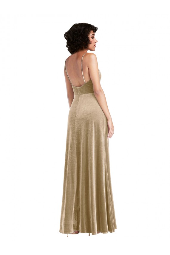 Affordable Square Neck Velvet Maxi Prom Dress with Front Slit & Pockets