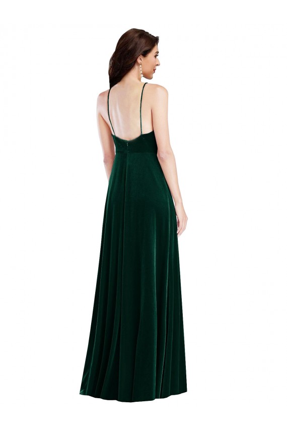 Affordable Velvet Halter Maxi Prom Dress with Front Slit & Pockets
