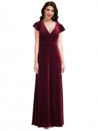 Affordable Flutter Sleeve Velvet Maxi Prom Dress with Pockets