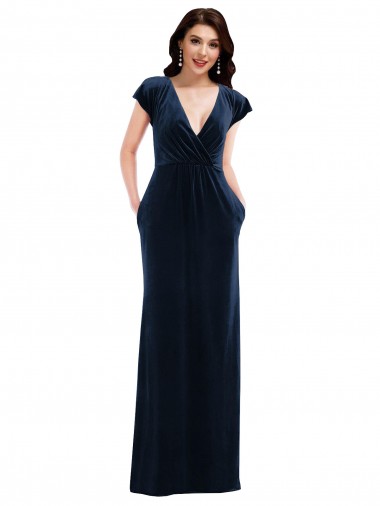 Affordable Flutter Sleeve Wrap Bodice Velvet Maxi Prom Dress with Pockets