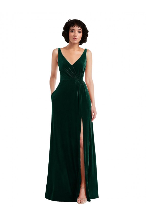 Affordable Floor Length Velvet Maxi Prom Dress with Shirred Bodice and Front Slit