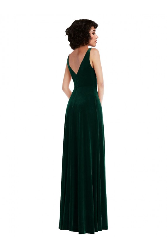 Affordable Floor Length Velvet Maxi Prom Dress with Shirred Bodice and Front Slit